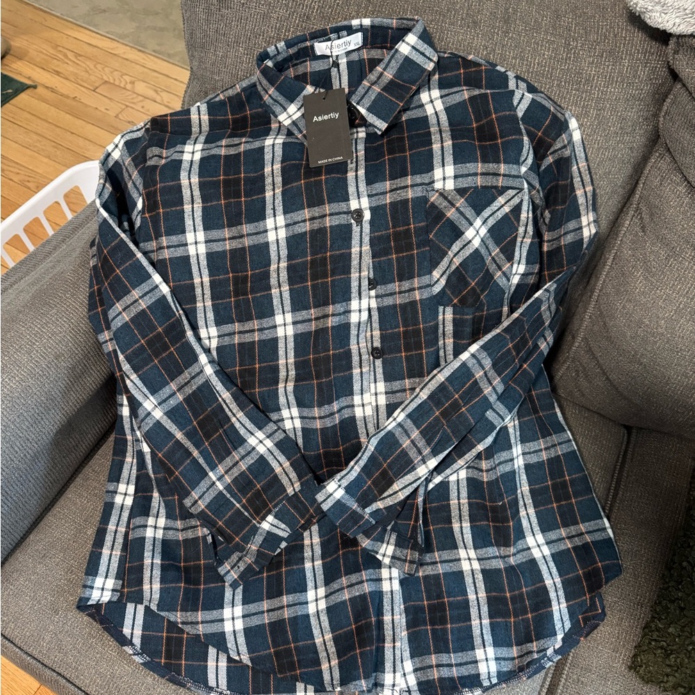 NWT Alfani Men's Casual Plaid Shirt - Navy, White, and Brown